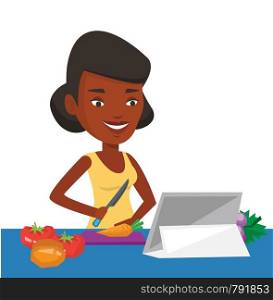 Woman cutting vegetables for salad. Woman following recipe for vegetable salad on digital tablet. Woman cooking healthy vegetable salad. Vector flat design illustration isolated on white background.. Woman cooking healthy vegetable salad.