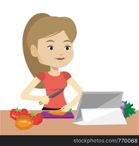 Woman cutting vegetables for salad. Woman following recipe for vegetables salad on digital tablet. Woman cooking healthy vegetable salad. Vector flat design illustration isolated on white background.. Woman cooking healthy vegetable salad.