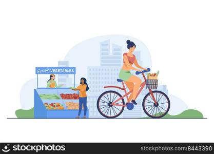 Woman cycling and buying fresh vegetables. Lifestyle, bike, market flat vector illustration. Healthy food and activity concept for banner, website design or landing web page