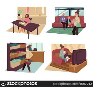 Woman daily routine, female character day isolated icons vector. Morning breakfast and public transport, shopping at grocery store and home evening with TV. Girl eating and going to work, buying food. Daily routine and woman day isolated icons, shopping and going to work