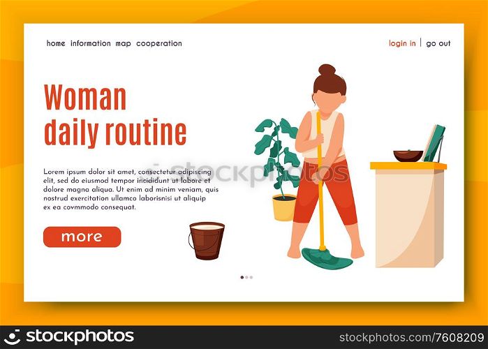 Woman daily routine flat background for web site landing page with images text and clickable links vector illustration