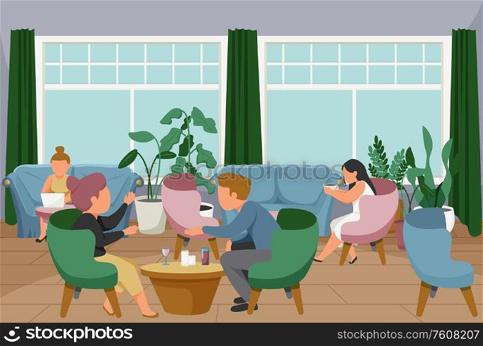 Woman daily routine flat composition with indoor scenery with female human characters in different casual situations vector illustration