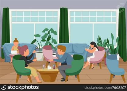 Woman daily routine flat composition with indoor scenery with female human characters in different casual situations vector illustration