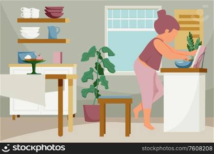 Woman daily routine flat composition with kitchen scenery with furniture kitchenware and girl leafing through cookbook vector illustration