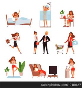 Woman daily routine. Lifetime of mother business lady breakfast working relax time office home vector characters. Illustration of lady character, daily and routine, workday business woman. Woman daily routine. Lifetime of mother business lady breakfast working relax time office home vector characters