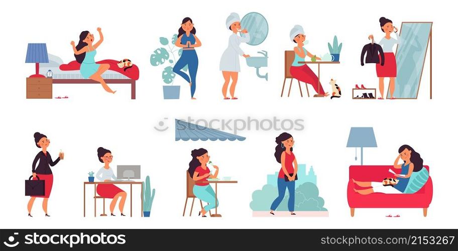 Woman daily routine. Modern women, yoga everyday life. Morning wake up in bed, coffee on breakfast. Business office girl decent vector character. Illustration woman daily, everyday task. Woman daily routine. Modern women, yoga everyday life. Morning wake up in bed, coffee on breakfast. Business office girl decent vector character