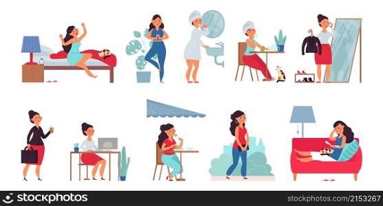 Woman daily routine. Modern women, yoga everyday life. Morning wake up in bed, coffee on breakfast. Business office girl decent vector character. Illustration woman daily, everyday task. Woman daily routine. Modern women, yoga everyday life. Morning wake up in bed, coffee on breakfast. Business office girl decent vector character