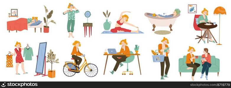 Woman daily routines set. Vector flat illustration of girl sleep, clean teeth, take bath, doing yoga, eat breakfast, choose clothes, then ride on bike, work on computer, shop and talk with friend. Woman daily routines with work, sleep and shop
