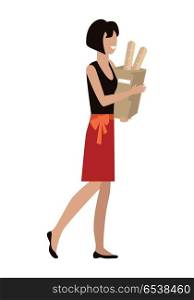Woman Daily Shopping. Woman with shopping package in flat. Smiling woman in red skirt and black blouse. Woman daily shopping, supermarket shopping, customer in mall, retail store isolated illustration on white background.