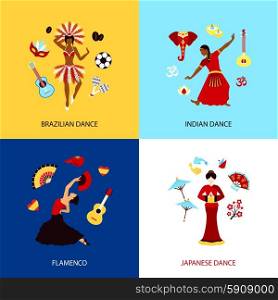 Woman Dancing Design Concept. Woman dancing design concept set with brazilian indian japanese dance and flamenco isolated vector illustration
