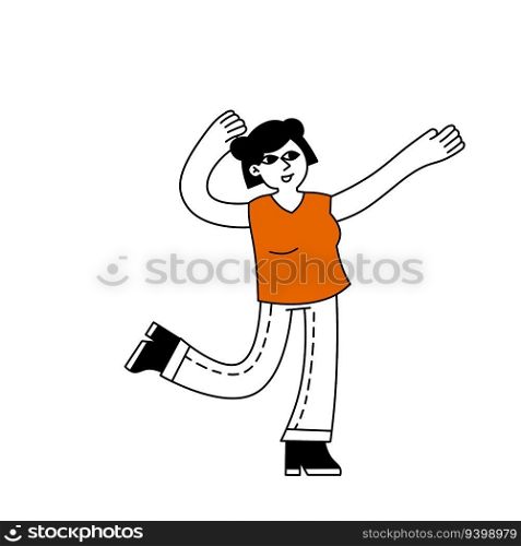 Woman dancing. Minimalist happy female character having fun. Movement pose. Girl in casual clothes. Trendy modern outline isolated illustration. Woman dancing. Minimalist happy female character