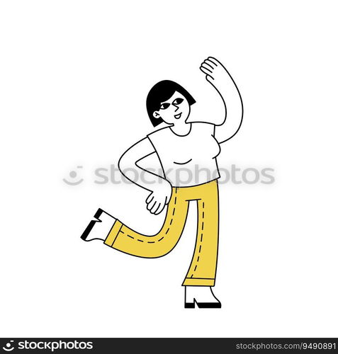 Woman dancing. Minimalist happy female character having fun. Movement pose. Girl in casual clothes.. Woman dancing. Minimalist happy character