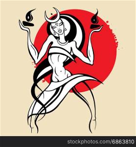Woman dancing with fire.. Beautiful young woman dancing with fire. Hand drawn Vector illustration, White background