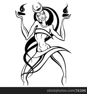 Woman dancing with fire.. Beautiful young woman dancing with fire. Hand drawn Vector illustration, White background