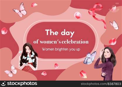 Woman day frame design with leaf, ribbon, butterfly  watercolor illustration,  