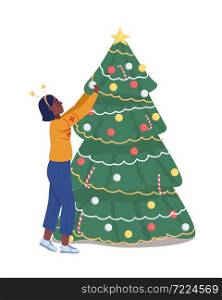Woman decorating Christmas tree semi flat color vector character. Posing figure. Full body person on white. Winter season isolated modern cartoon style illustration for graphic design and animation. Woman decorating Christmas tree semi flat color vector character