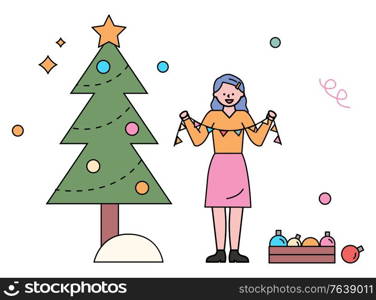 Woman decorating pine tree for Christmas vector, xmas preparation and celebration. Fir with star on top and garland with baubles in box. Female character holding glowing decoration flat style. Christmas Winter Holidays Decoration of Pine Tree