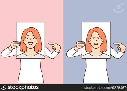 Woman demonstrates poster with positive and negative emotions to compare mood before and after using antidepressants. Girl calls attention to mental health and take care of improving mood. Woman demonstrates poster with positive and negative emotions to compare mood before and after