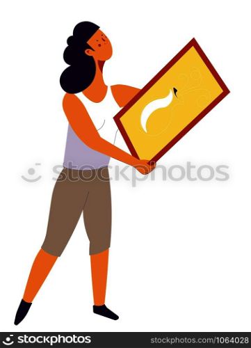 Woman designer holding framed picture for home decor vector lady busy with redecorating interior fixing and repairing damages worker with artistic views and touch person improving home style.. Woman designer holding framed picture for home decor