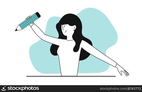 Woman designer with pencil vector concept illustration. Character drawing or creative professional artist. Female illustrator process creation draw. Creativity worker or project work for businesswoman