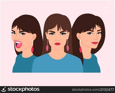 Woman different emotions. Happy scared angry sad stress calm strong cartoon girl avatar, vector female emotion character face set, young adult different facial grimaces portrait image. Woman different emotions. Happy scared angry sad stress calm strong cartoon girl avatar, vector female emotion character face set, young adult different facial grimaces portrait