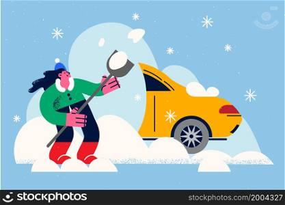 Woman dig out car from snow on cold winter morning. Female driver with shovel clean automobile from pile or snowdrift. Natural disaster and lifestyle. Storm and blizzard. Flat vector illustration. . Woman dig out car from snow pile