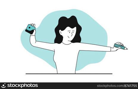 Woman digital artist vector concept illustration. Creative designer and character drawing creativity. Illustrator in studio and freelance artistic profession. Female worker and picture artwork