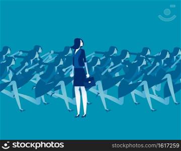 Woman discontinue and looking direction. Concept business competition vector, Anxiety, Flat business cartoon style design