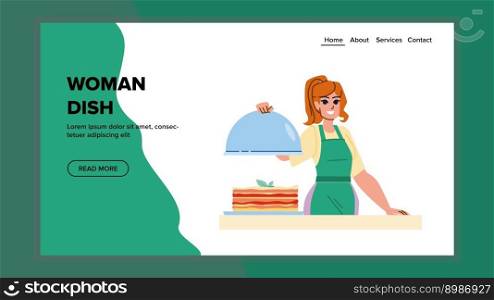 woman dish vector. kitchen female, happy home, lifestyle young, smile standing woman dish web flat cartoon illustration. woman dish vector