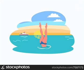 Woman diving legs up, dive in bikini suit at sunset, ship or yacht on background. Vector girl legs in trunks, snorkeling lady in water at summer resort. Woman Diving Legs Up Dive in Bikini Suit at Sunset