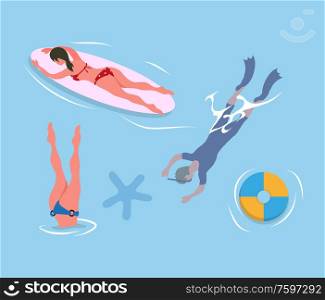 Woman diving legs up, man in flippers and mask, lady suntanning on surfboard, inflatable ring and sea star in blue waters. People resting at seaside, summertime. People Diving Legs Up, Man in Flippers and Mask