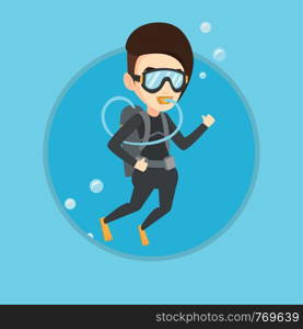 Woman diving with scuba and showing ok sign. Young woman in diving suit snorkeling and giving thumb up. Woman enjoying the dive. Vector flat design illustration in the circle isolated on background.. Woman diving with scuba and showing ok sign.