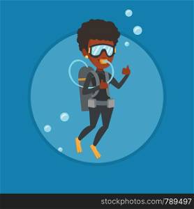Woman diving with scuba and showing ok sign. Young woman in diving suit snorkeling and giving thumb up. Woman enjoying the dive. Vector flat design illustration in the circle isolated on background.. Woman diving with scuba and showing ok sign.