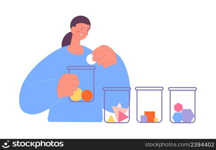 Woman do tasks distribution metaphor. Sorting geometric figures in jars. Successful self time management, business list. Logic task vector concept. Illustration of woman distribution task. Woman do tasks distribution metaphor. Sorting geometric figures in jars. Successful self time management, business list. Logic task vector concept