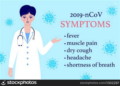 Woman doctor and symptoms of coronavirus. Healthcare and medical concept.