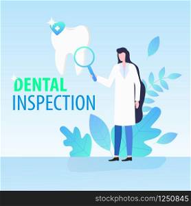 Woman Doctor Dentist with Magnifying Glass Dental Inspection Vector Illustration. Female Stomatology Doctor Hygienist Examine Tooth. Checup Visit Toothache Treatment Enamel Recovery. Woman Dentist Magnifying Glass Dental Inspection