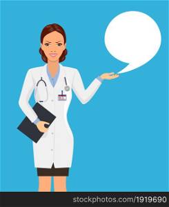 Woman Doctor Holding Clipboard Talking, Physician, Hospital, Checkup, Patient, Healthy. Vector illustration in flat style. Woman Doctor Holding Clipboard Talking,