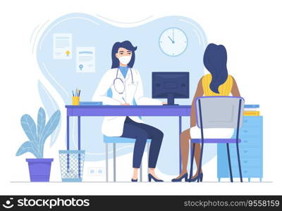 Woman Doctor in face mask conculting patient. Medcine, pandemic, lockdown therapy, health care, hospital workspace concept. Stock vector illustration in flat style isolated on white.. Woman Doctor in face mask conculting patient. Medcine, pandemic, lockdown therapy, health care, hospital workspace concept. Stock vector illustration in flat style isolated on white