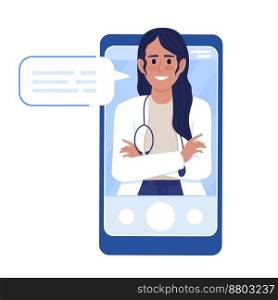 Woman doctor in smartphone flat concept vector illustration. Online consultation. Editable 2D cartoon characters on white for web design. Telemedicine creative idea for website, mobile, presentation. Woman doctor in smartphone flat concept vector illustration