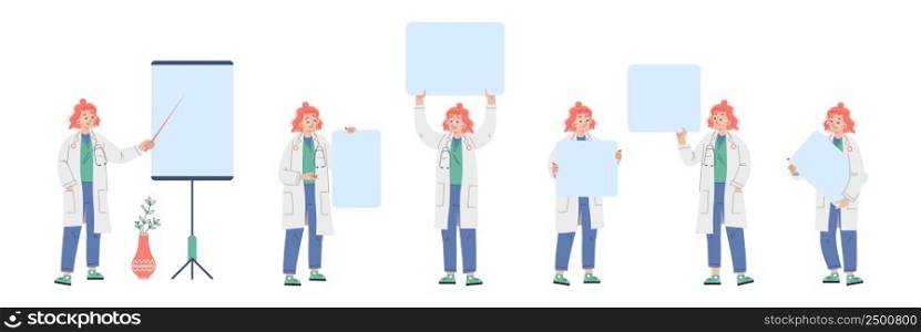 Woman doctor make presentation and hold blank banners. Vector flat illustration of girl medical specialist, hospital, health clinic worker with blue empty posters isolated on white background. Woman doctor hold blank banners