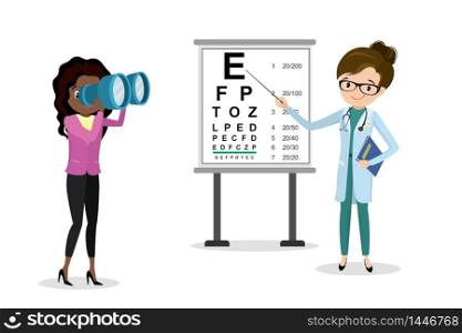 Woman Doctor optometrist examines vision,female with binoculars,Snellen Eye Chart,health care vector illustration,flat design isolated on white background