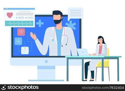 Woman doctor or assistant working with laptop, man character with cardiogram report, monitor of computer with diagnosis, consultation of healthcare. Vector illustration in flat cartoon style. Medical Consultation, Doctor and Diagnosis Vector