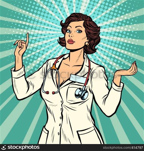 woman doctor presentation gesture. Pop art retro vector illustration vintage kitsch 50s 60s. woman doctor presentation gesture