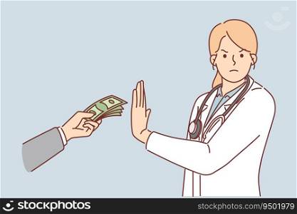 Woman doctor refuses money and corruption in healthcare system or lobbying from pharmaceutical corporations. Girl in white coat with stethoscope around neck rejects bribe from patient. Woman doctor refuses money and corruption in healthcare system from pharmaceutical corporations