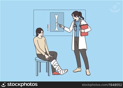 Woman doctor show xray of broken leg of young girl patient at consultation in hospital. Female GP consult injured client about trauma. Injury and recovery, rehabilitation. Vector illustration.. Woman doctor consult injured patient about broken leg