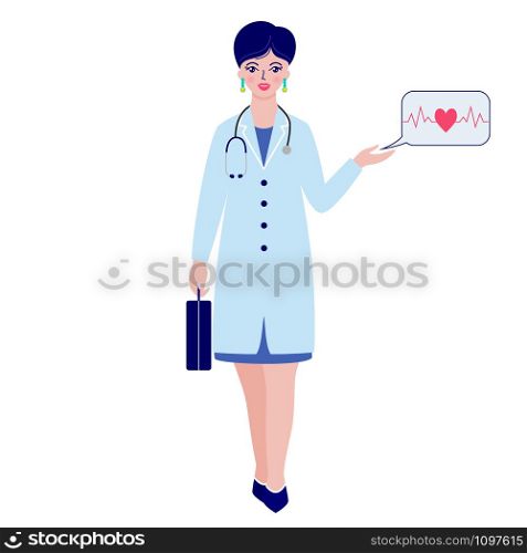 Woman doctor with briefcase and stethoscope on white background