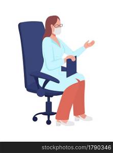 Woman doctor with mask sitting on chair semi flat color vector character. Full body person on white. Consulting office isolated modern cartoon style illustration for graphic design and animation. Woman doctor with mask sitting on chair semi flat color vector character