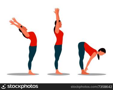 Woman does yoga set, mountain with raised hands, physical activities and sport, position touching toes cartoon vector illustration isolated on white.. Yoga Collection Woman Set Vector Illustration