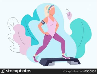 Woman doing aerobic exercise flat color vector faceless character. Step up class trainer. Sportswoman working out isolated cartoon illustration for web graphic design and animation. Fitness exercise. Woman doing aerobic exercise flat color vector faceless character