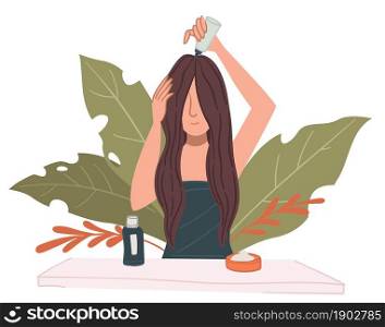 Woman doing beauty and spa procedures and treatment for hair. Lady dying and changing hairstyle. Girl using cosmetics products, masks and oils or special shampoo at home. Vector in flat style. Female character caring for hair applying mask